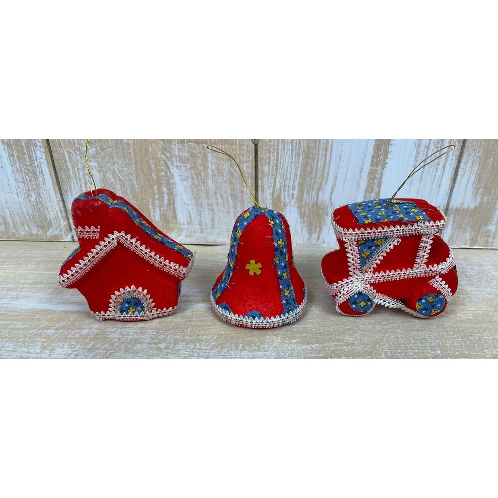 Lot of 3 Vintage Red Velvet Flocked Christmas Ornaments House Bell Car